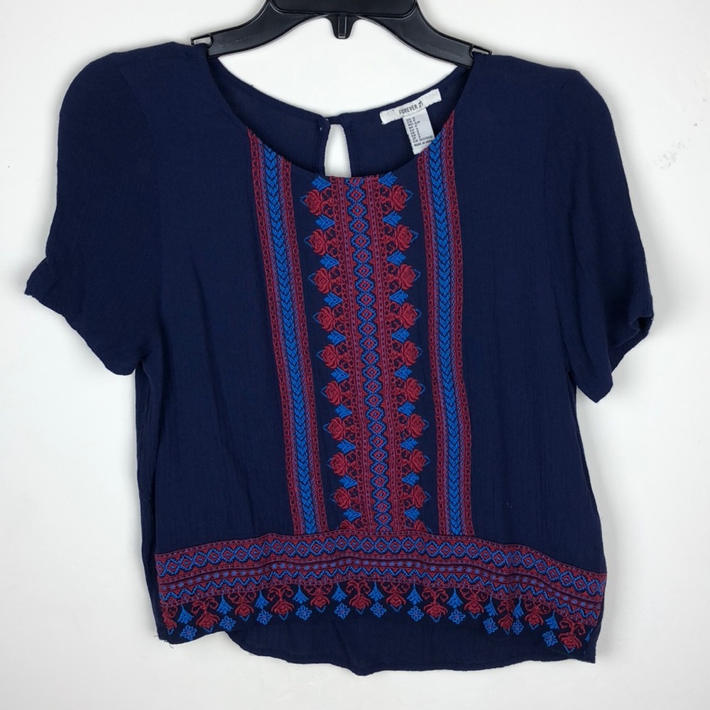 F21 Blue Blouse with Red & Blue Details